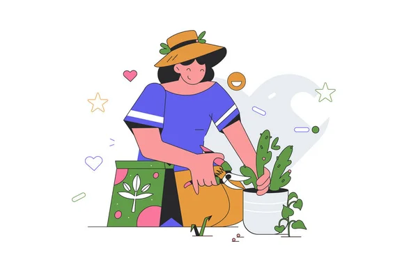 Woman Engaged Gardening Pruning Leaves Trimming Plants Vector Illustration Isolated — Stock Vector