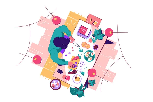 Femme Cuisine Sur Une Table Vue Haut Illustration Vectorielle Processus — Image vectorielle