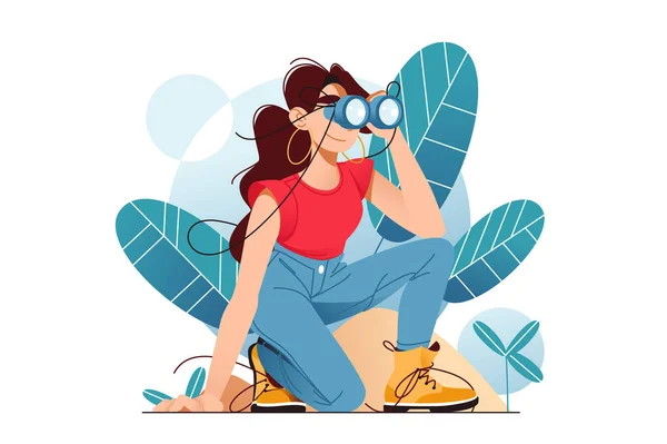 Girl Searching Something Using Binoculars Exploration Discovery Concept Vector Illustration — Stock Vector