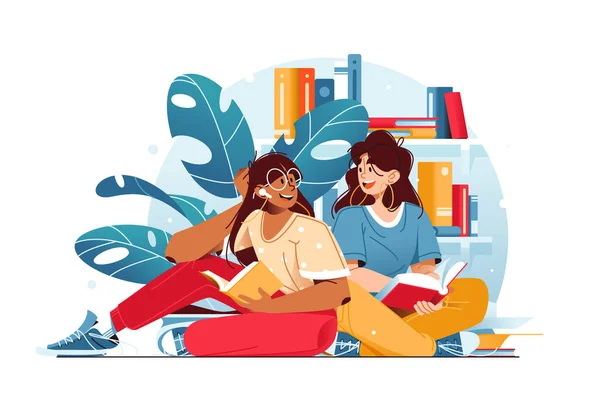 本を手に床に座っている女の子 本で棚に囲まれて ベクトルイラスト 読書の概念 — ストックベクタ
