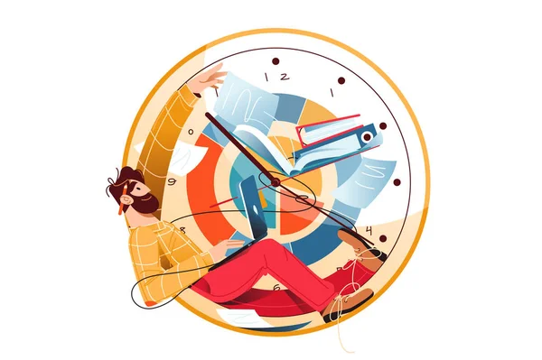 Time Management Fast Paced Work Environment Vectr Illustration Man Lies — Vetor de Stock