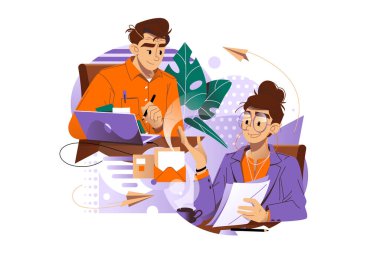 Two colleagues deep in conversation, possibly discussing a project or brainstorming ideas. vector illustration. teamwork concept.