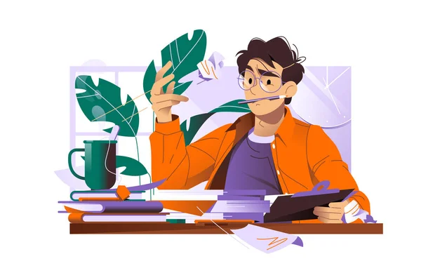 Male Author Writing Article Vector Illustration Productive Editor Creative Author — Stockvector