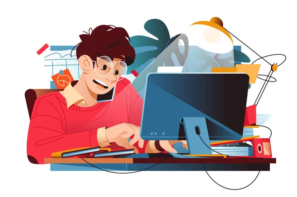 Busy Worker Sits Desk Computer Frantically Typing Holding Phone Vector — Vetor de Stock