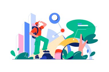 Bilgi grafikleri ve gezginler doğadaki mesafeye, vektör illüstrasyonuna bakıyorlar.