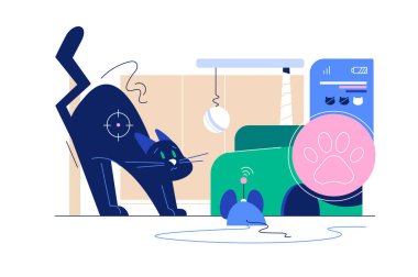 Elektrikli robot fare kedi avlıyor, vektör çizimi. Kedi elektrikli fare robotundan korkuyor..