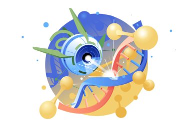 Genetik bilimi ve DNA modifikasyon konsepti. Nanobot DNA zinciri yapısı, vektör çizimi.