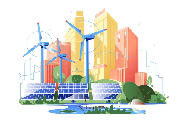Zonne Energie Stad Vector Illustratie Groene Energie Concept Met Wolkenkrabbers — Stockvector