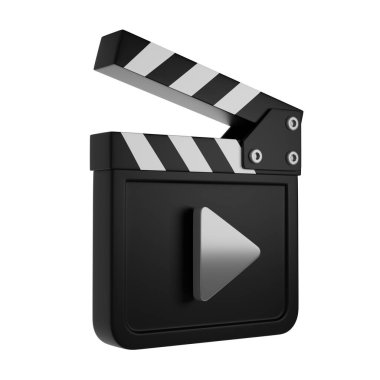 Alkış tahtası 3D, resimli. Film seti, film yapma ekipmanları. Sinema yapımı veya medya endüstrisi kavramı