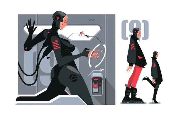 Mulher Ciborgue Futurista Acorda Hiper Sono Ilustração Vetorial Ela Conectada —  Vetores de Stock