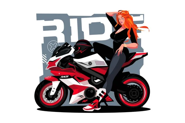 Mulher Senta Bicicleta Esportiva Ilustração Vetorial Moto Design Elegante Ousado — Vetor de Stock
