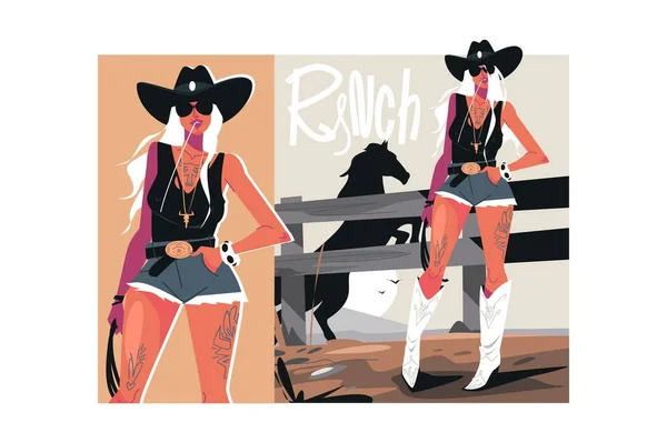 Girl Cowboy Hat Standing Fence Vector Illustration Woman Rancho Horse — Stock Vector