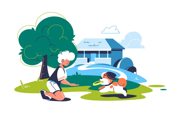 男孩和他的狗在屋前的草坪上玩耍 住房和娱乐概念矢量说明 — 图库矢量图片