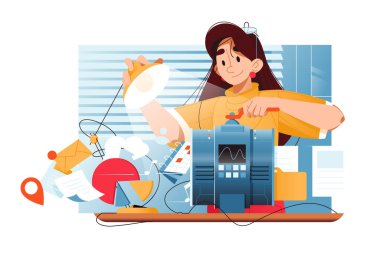 Data Filtering, Character adjusts machine, organizing information, vector illustration. Filtering various data types.