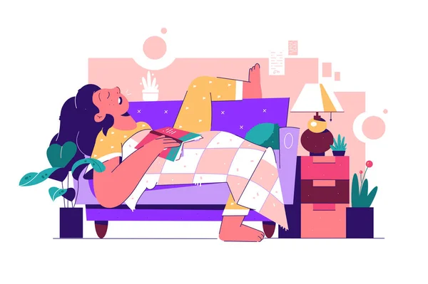 Girl Sleeping Coach Open Book Vector Illustration Woman Relaxing Pajamas — Stock Vector