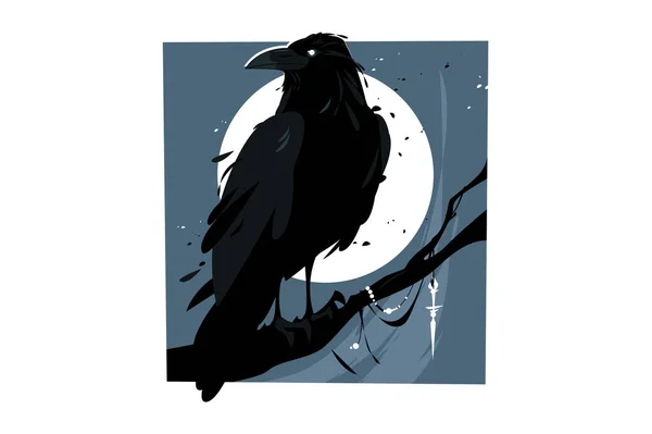 Corbeau Noir Assis Sur Branche Arbre Contre Lune Brillante Illustration — Image vectorielle