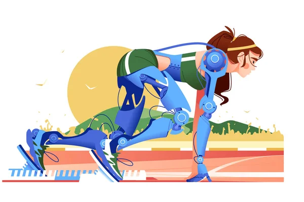 Девушка Бегунья Робот Готовый Старту Треке Векторная Иллюстрация Спортивные Соревнования — стоковый вектор