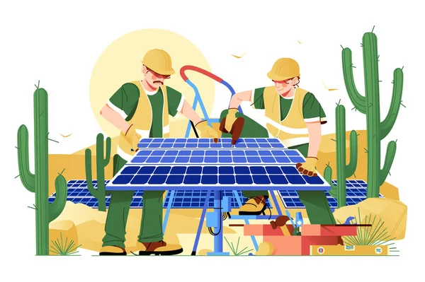 Los Trabajadores Instalan Panel Solar Desierto Ilustración Vectores Concepto Generación — Vector de stock