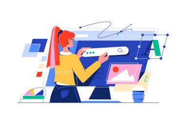 Kız web tasarımcısı bir web sayfası arayüzü, vektör illüstrasyonunun yapısını oluşturma üzerinde çalışıyor.