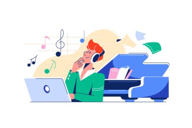 Müzik yapımcısı piyano arkaplanı ve vektör illüstrasyonlu bir müzik besteler.