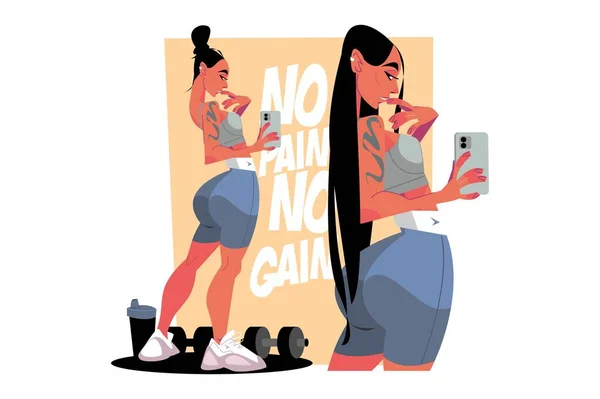 Girl Doing Selfie Gym Vector Illustration Talking Photo Social Networks — Stock Vector