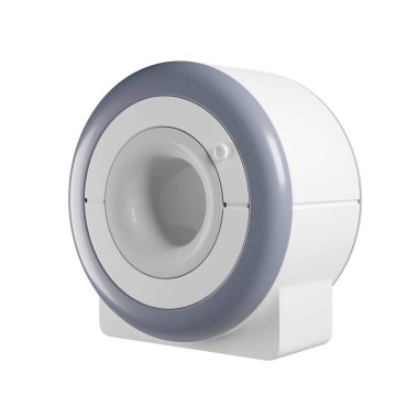 Beyaz arka planda MRI makinesi, 3 boyutlu resimleme. Vücutların iç yapılarının detaylı görüntülerini oluşturmak için manyetik alanları ve radyo dalgalarını kullanan tıbbi bir cihaz.