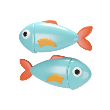 Oy fish, 3D tasviri. Açık mavi ve turuncu renkte, özdeş iki plastik oyuncak..