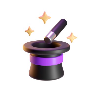 Sihirbaz şapkası ve değneği, üç boyutlu resimleme. Sihrin, gizemin ve fantezinin sembolü..