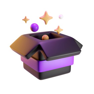 Mor ve siyah hediye kutusu, 3 boyutlu resimli. Sihirli efektlerle dolu neşeli bir sürpriz..