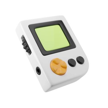 Retro Oyun Aygıtı, 3 boyutlu resimleme. Yeşil ekran ve sarı düğmeli beyaz el bilgisayarı konsolu.