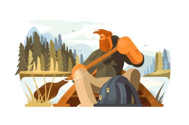 Doğada kano, vektör çizimi. Bir adamın kano yolculuğuna çıktığını gösteriyor. Huzurlu, doğal bir ortamda.