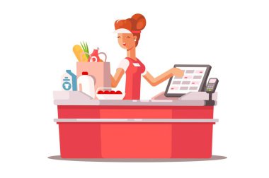 Checkout 'taki süpermarket kasiyeri, vektör illüstrasyonu. Sahne, süpermarket kasasında kasiyer olarak çalışan bir bakkal resmediyor.