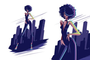 Urban Fashion Echo, vektör çizimi. Soyut şehir siluetlerine karşı kompozisyon ilgisi olan şık bir kadın.