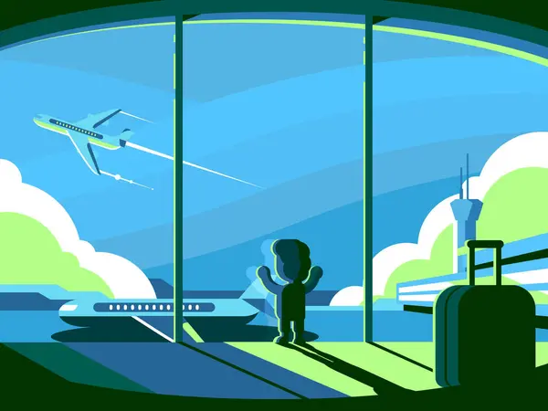 Aerei Osservazione Del Bambino Illustrazione Vettoriale Silhouette Finestrino Dell Aeroporto Illustrazione Stock