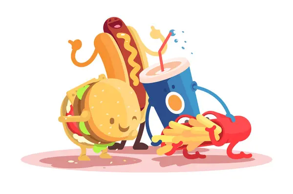 Fast Food Friends Fiesta Illustrazione Vettoriale Personaggi Animati Fast Food Vettoriale Stock