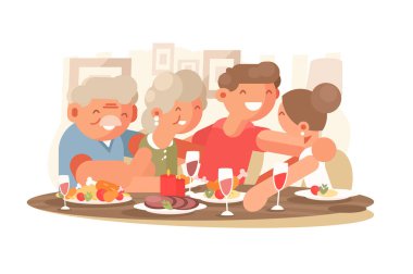 Aile Yemeği, vektör illüstrasyonu, Gıda Üzerine Nesilsel Bağ