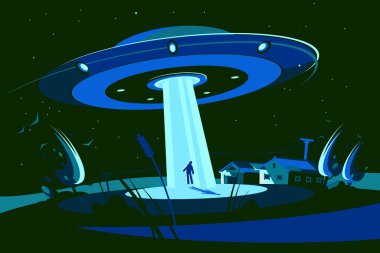 Uzaylı Kaçırma Gecesi Sahnesi, vektör çizimi. UFO ile Kırsal Karşılaşma