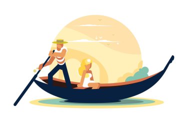 Gondol Turu Çifti. Gondolcu ve yolcuyla romantik tekne gezisi.