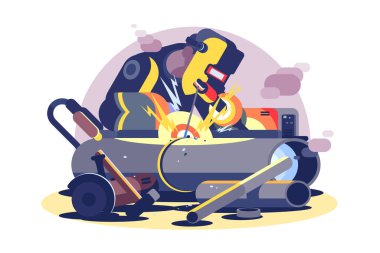 Kaynak makinesiyle çalışan bir kaynakçının vektör çizimi. Kaynakçı koruyucu giysiler giyiyor. Kaynak kaskı da dahil. Kıvılcımlar uçuşuyor..