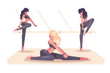 Dans sınıfı oturumu. Bir dans stüdyosunda ısınan ve esneyen dansçıları tasvir eden vektör çizimi.