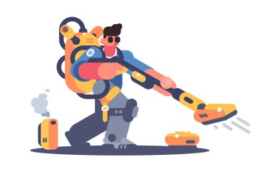 Elektrikli süpürgeli adam. Robot geliştirmeli gelecekteki temizlik ekipmanlarının vektör illüstrasyonu.