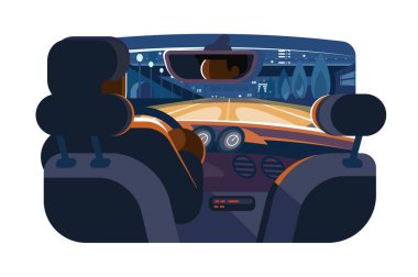 Night Ride Car Illustration. Vector illüstrasyonu gece sürüşünü tasvir ediyor Arabaların iç perspektifinden.