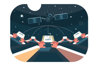 Uzayda Uydu İletişimi. Dizüstü bilgisayarlarda çalışan, yörüngedeki uydulara bağlı, küresel bağlantıyı sembolize eden ellerin vektör çizimi.