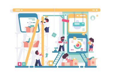 Proje için takım çalışması. Çizelge ve araçlarla web sitesi oluşturmak için birlikte çalışan insanların vektör illüstrasyonu.