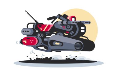 Fütürist Hoverbike ve Silah. Gelişmiş silah ve gösterişli tasarım ile donatılmış yüksek teknolojili uçan bir bisikletin vektör çizimi.