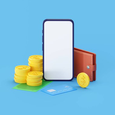 Nakit 3D görüntüleme ve para iade ikonu sunar. Ödeme, finans çevrimiçi iş teklifi ve para transferi. İnternet maaş promosyonu. Cüzdan, üzerinde akıllı telefon olan bozuk para yığını