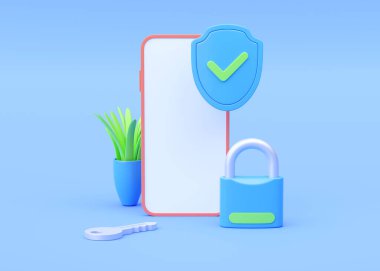 Güvenlik 3D kalkan çizimi - anahtar, nesneyi korumak ve telefonu kilitle. Koruma ikonu, cep telefonu koruması ve mobil veri savunması. Mavi güvenlik modern sembolleri, siber güvenlik rozeti tasarımı