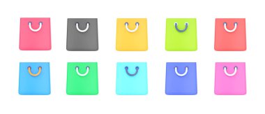 Kağıt paket 3D render simgesi - hediye paketi, ticaret çantası ve karikatür dükkanı çantası. Moda mağazası element tasarımı kavramı, beyaz arkaplanda izole edilmiş tanıtım afişi satış şablonu