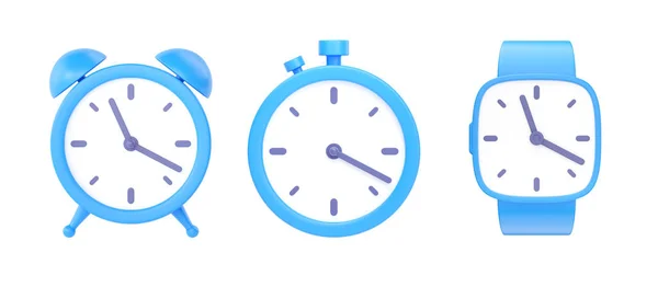 时钟3D渲染图标集 简单的报警定时器概念 红色复古式闹钟和早晨觉醒插图 带拨号盘的圆形手表 白色背景的最后期限提醒 — 图库照片