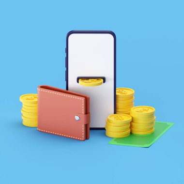 Nakit 3D görüntüleme ve para iade ikonu sunar. Ödeme, internet üzerinden para çekme uygulaması ve transfer teklifi. İnternet maaş promosyonu. Cüzdan, üzerinde akıllı telefon olan bozuk para yığını